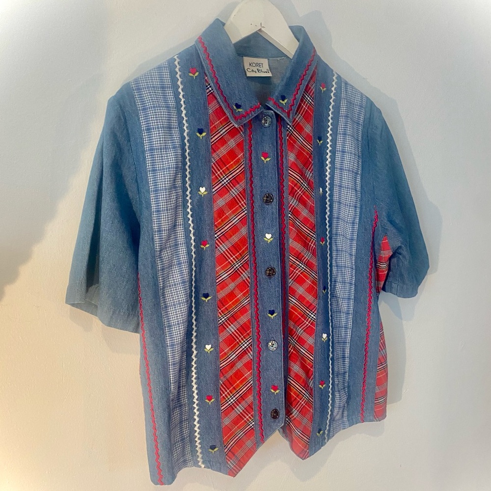 90s Patchwork Embroidered Jean Top / Koret City Blues Vintage